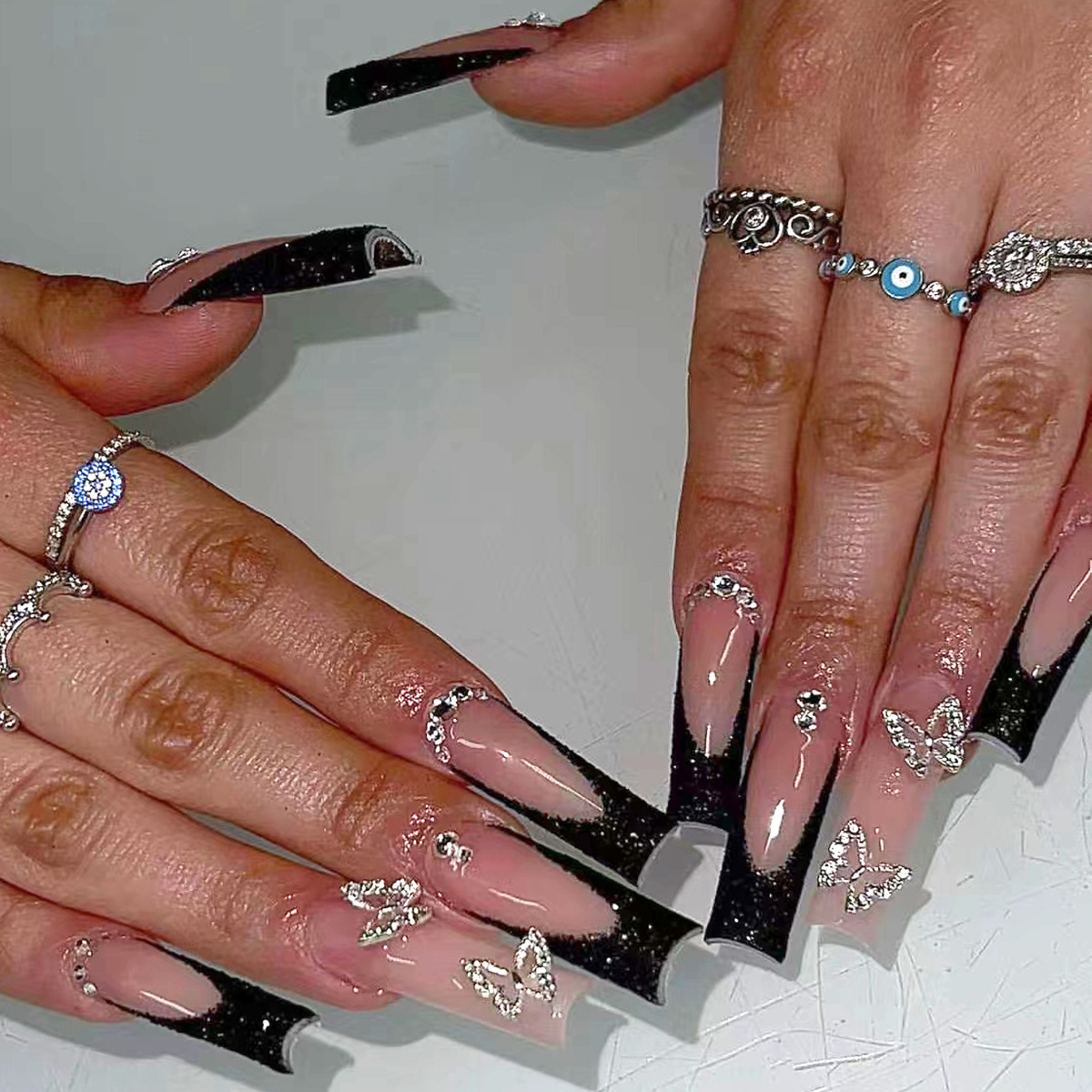 Nail Extension Tips - 24 шт., черные французские накладные ногти,